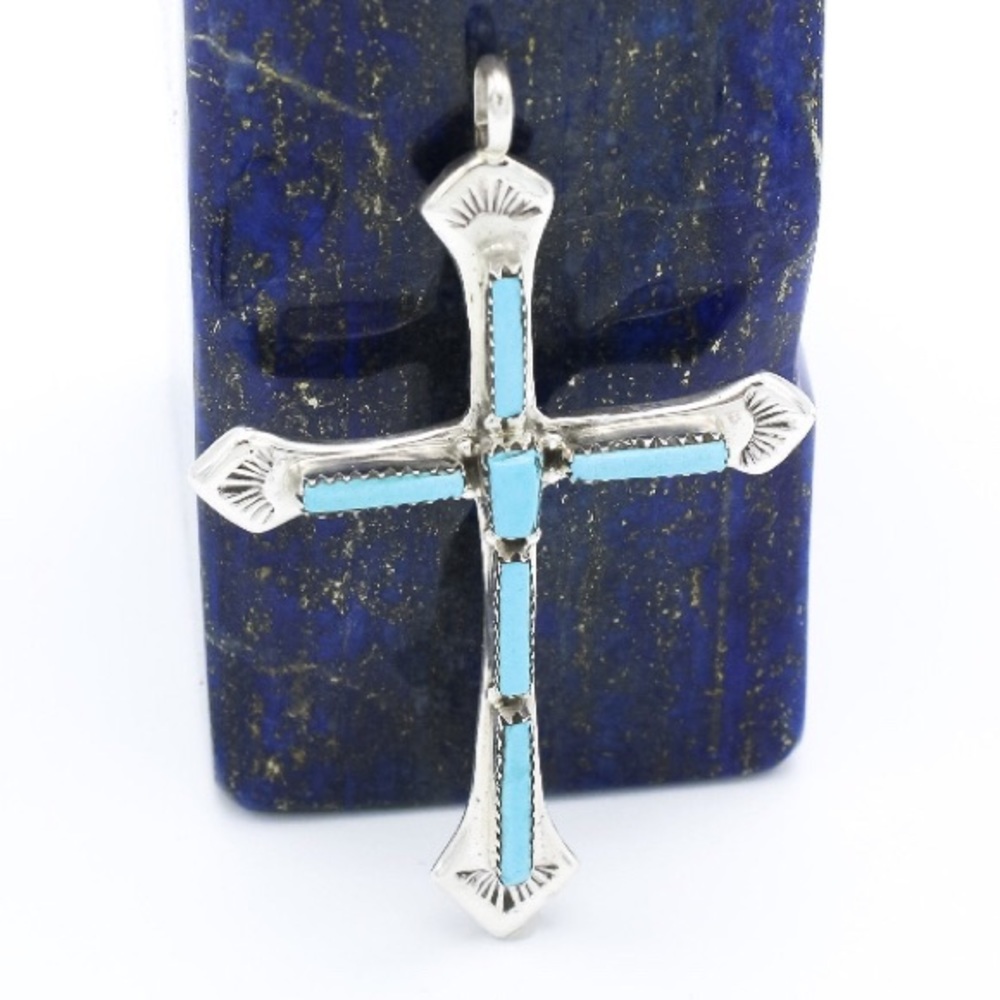 Sleeping Beauty Turquoise Zuni Cross Pendant SP040 - Picture 3 of 3